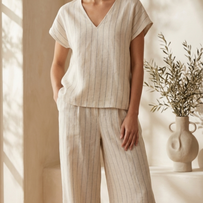 Set en lino – Blusa y Palazzo – Talla M – Rayas Azules