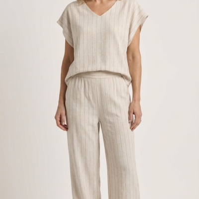 Set en lino - Blusa y Palazzo - Talla M - Rayas Marrones