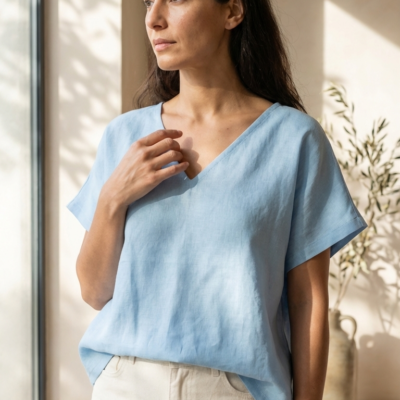 Polo Lino Cuello V- Celeste